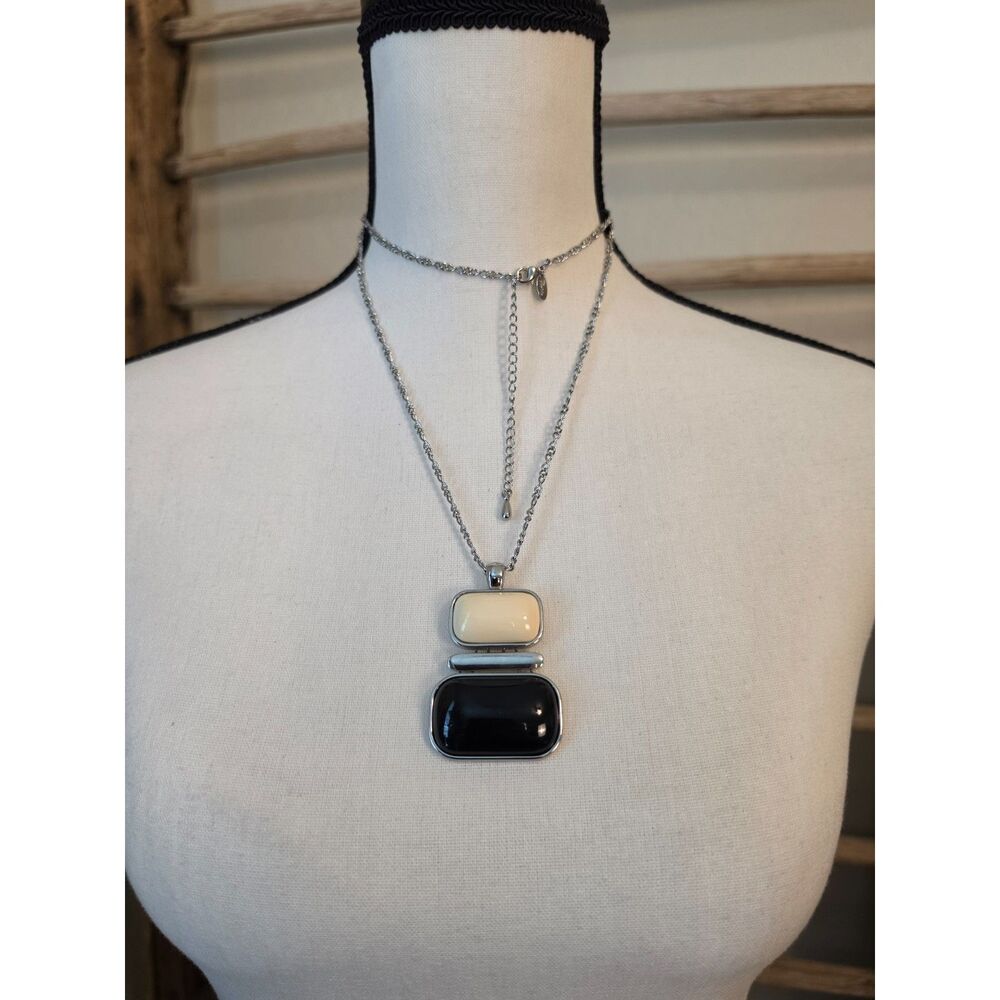 Lia Sophia Black White Geometric Pendant Necklace Silver Tone Statement Jewelry